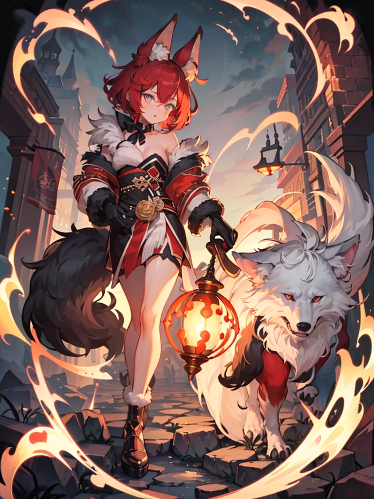 Kolaqi style,dark、Depression,Full of weird elements,Red hair all over, Male wolf,short hair, Bright Eyes,The eyes are gray,With black bow,White belly,The tip of the tail is white,Meatballs Pink,hairy,hairy male ,,Flower charcoal,(Body hair, hairy tail, Red fur)
