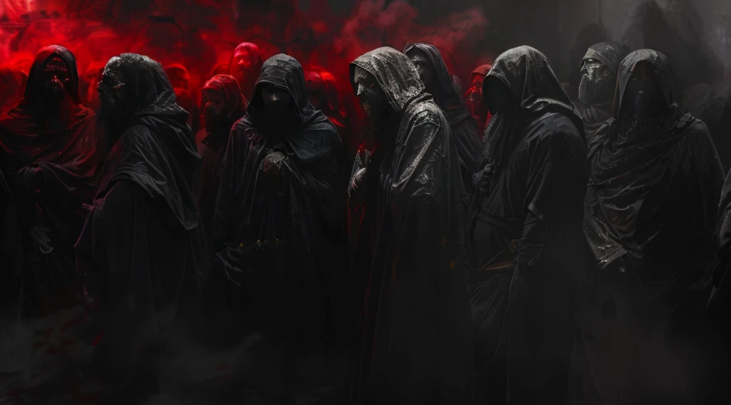 a group of hooded people queuing in front of a red light, dark robes, cultists watching, hooded figures, wearing dark robes, red robes, black robes, distant hooded figures, por Tadeusz Pruszkówski, por Adam Marczyński, por Kristian Kreković, covered in cloaks