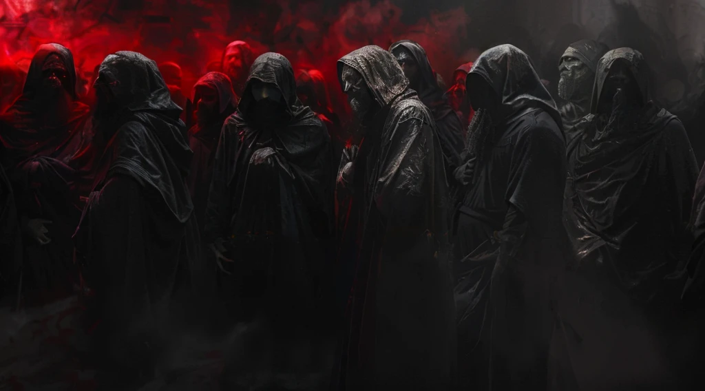 a group of hooded people queuing in front of a red light, dark robes, cultists watching, hooded figures, wearing dark robes, red robes, black robes, distant hooded figures, por Tadeusz Pruszkówski, por Adam Marczyński, por Kristian Kreković, covered in cloaks