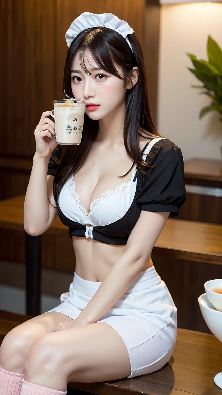1girl,black hair,breasts,cup,lips,long hair,medium breasts,mug,navel,realistic,sitting,solo,white legwear,Maid,holding milk tea in her hand
