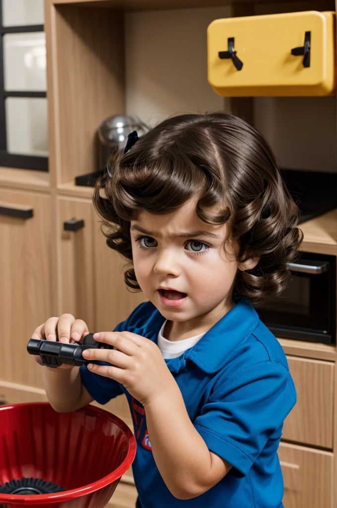 Angry 5 year old brunette boy with curlers playing roblox