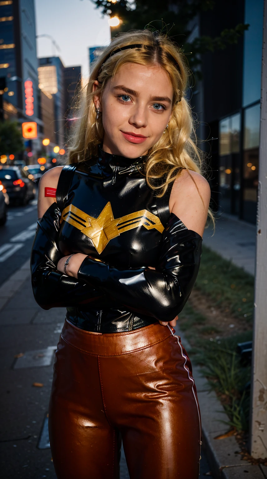 Masterpiece, Best quality, (solo girl), (close portrait), (photorealistic1.4), (epiCRealLife), (flashphoto), (UHD), (young woman), blonde hair), (blue eyes), (wondergirl latex black armor costume), (long red Wondergirl_YJ sweat pants), (Wondergirl_YJ black costume) (, (outdoor street), (Kiernan Shipka smile), (sks woman), (cowboy shots),