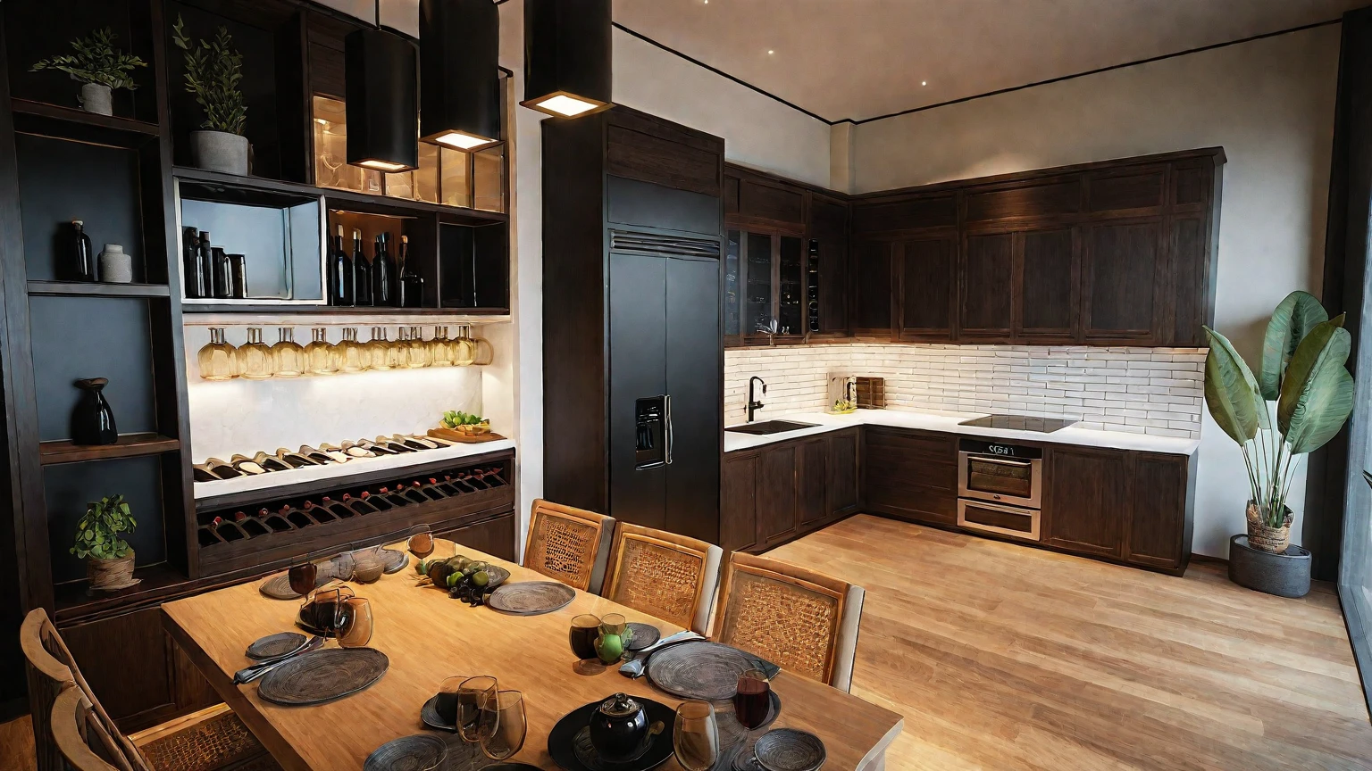 Kitchen with kitchen cabinets, tables and chairs, wine cabinet made of brown wood,There is a black refrigerator, natural light in room, beige and dark atmosphere, vray 8k render, bed room, rendered in vray, rendered in corona, vray rendered, high- quality render, rendered in lumion pro, 8k vray render, corona render
