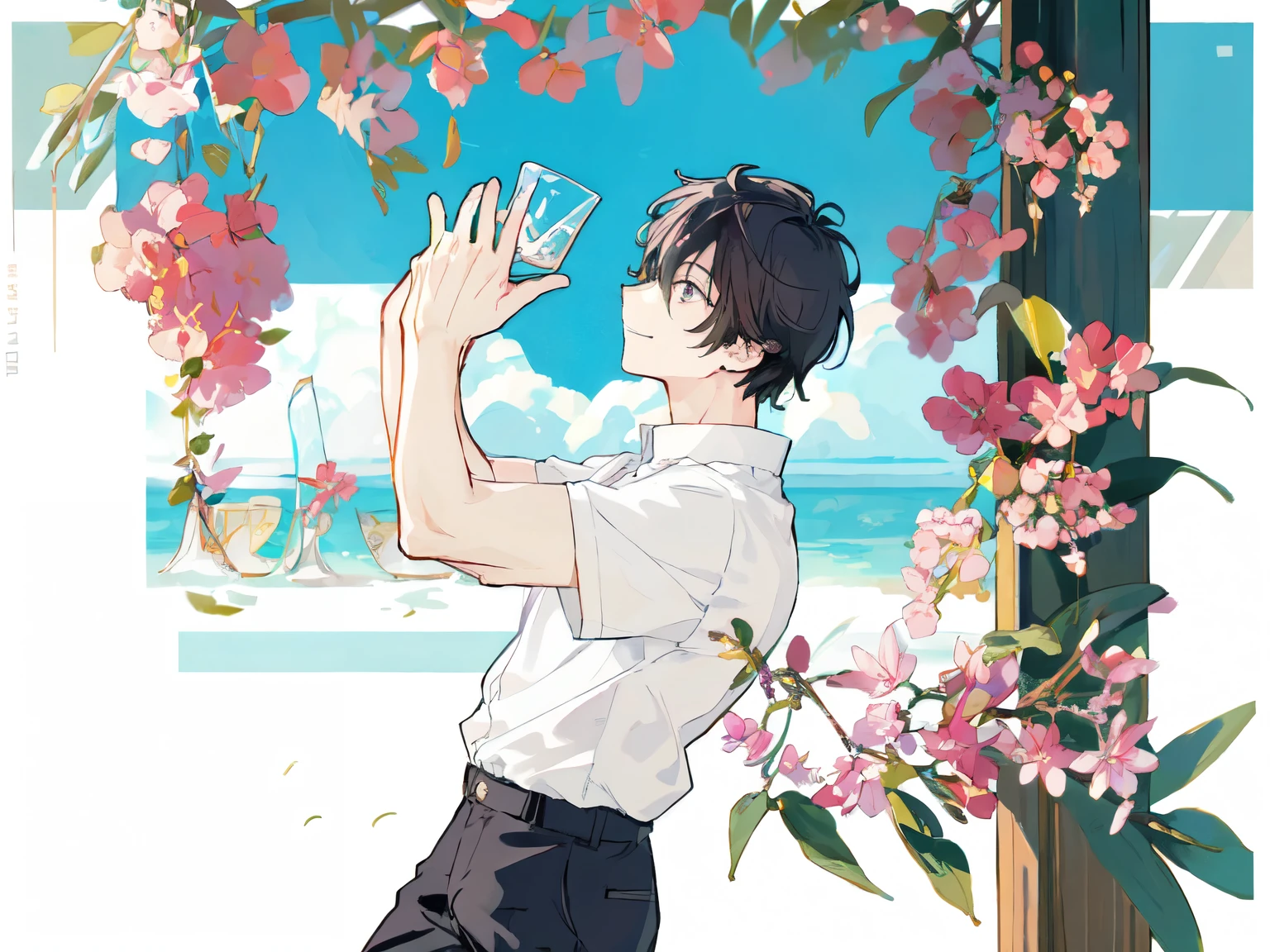 boy、Two peopleの17歳男性、Black Hair、Short Hair、Two peopleの少年、Summery、smile、rough sketch,、8k、blue sky、cumulonimbus、White shirt、Black trousers、profile、Two people、白髪とBlack Hair、Detailed face