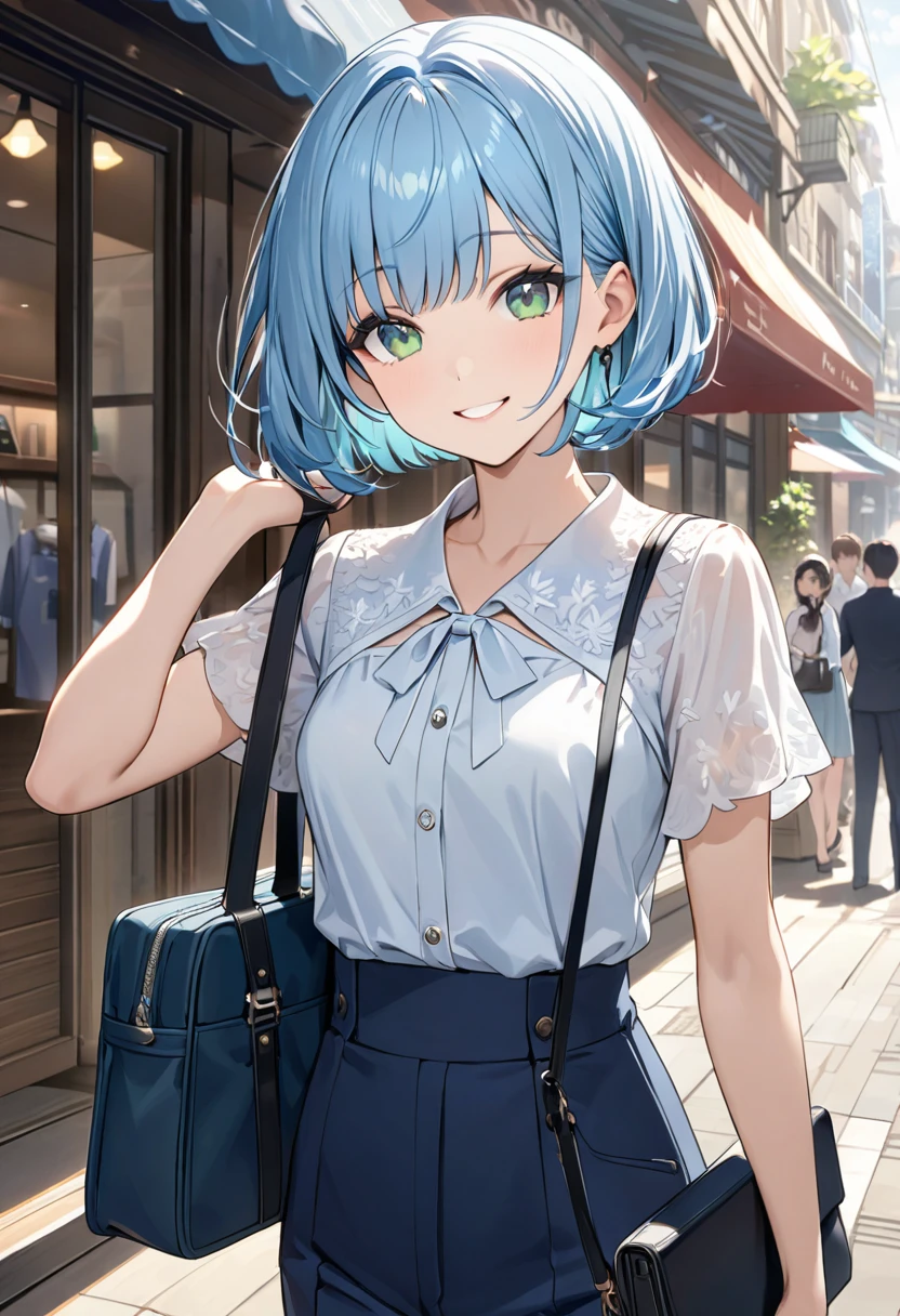 Highest quality、Light blue hair、Short Bob、Deep green eyes、Small breasts、Short sleeve blouse、Navy blue slacks、Black pumps、He has a work bag hanging from his shoulder..、smile 、Upper Body