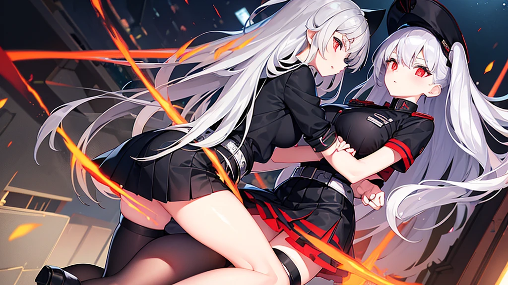Two girls with long straight silver hair, twins, red eyes, big breasts, tall, slim, cool, black uniform cap, black military uniform, black mini quilted skirt, night city