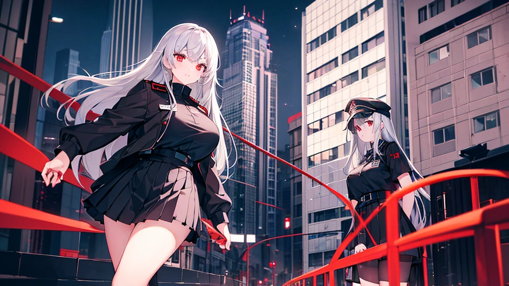 Two girls with long straight silver hair, twins, red eyes, big breasts, tall, slim, cool, black uniform cap, black military uniform, black mini quilted skirt, night city