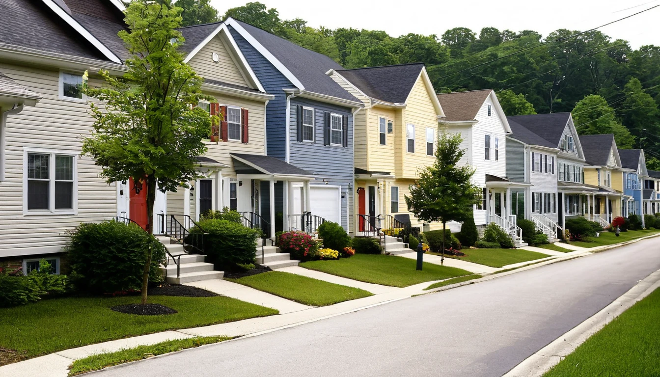 small town, condominium-style street, several houses, day