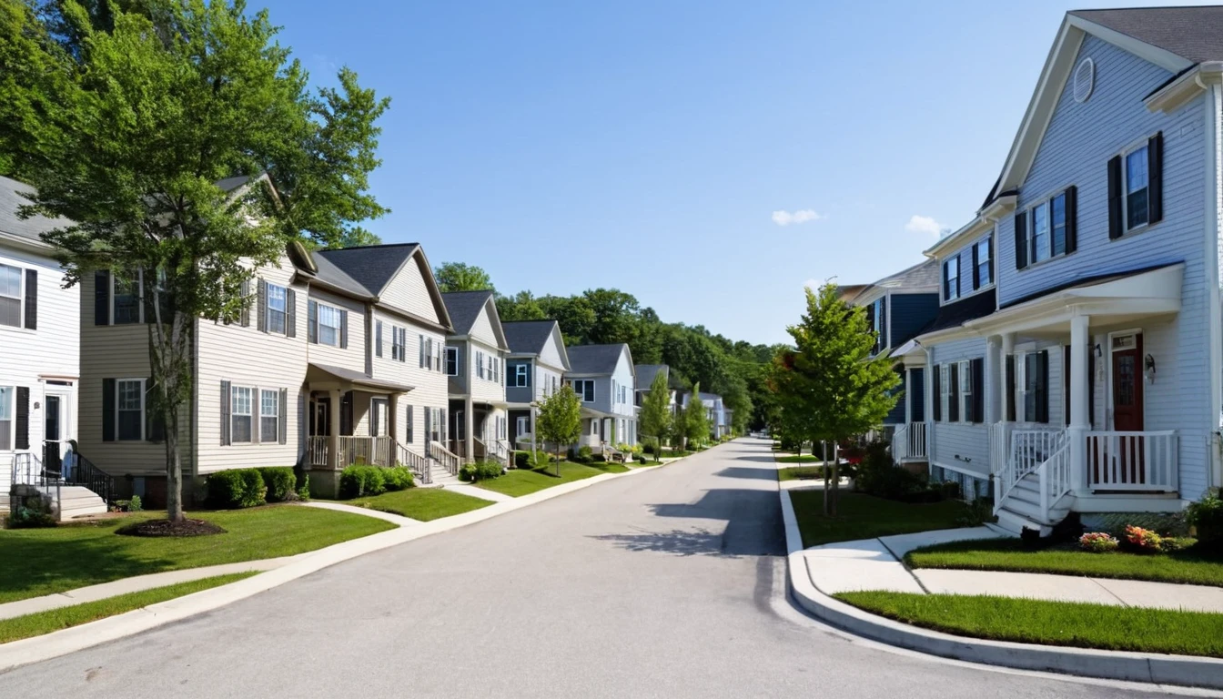small town, condominium-style street, several houses, day