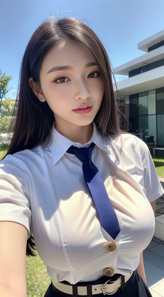 (top-quality、hight resolution、masterpiece:1.3)、Tall and cute woman、Slender Abs、Dark brown hair styled in loose waves、breastsout、Wearing a pendant、White Up Shirt、a belt、a black skirt、(Modern architecture in background)、Details exquisitely rendered in the face and skin texture、A detailed eye、double eyelid、(huge-breasted:1.6), ((Wearing a tie)), full body Esbian, ((All buttons are closed))