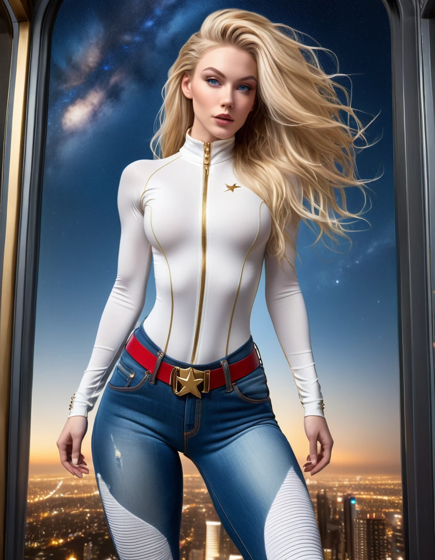 BOMBSHELL BLONDE WOMAN HOVERING IN THE AIR, WARRIOR FEMALE ON BLUE JEANS PANTS, VERY PALE SKIN, BLUE EYES, HIGH CHEEKBONES, ROSY CHEEKS, MENTAL FORAMEN, HUGE LONG BLONDE HAIR, DREAD HAIRSTYLE, LONG JEANS DREADS ON LONG BLONDE HAIR, THONG JEANS LEOTARD BODYSUIT , WHITE LONG SLEEVES SHIRT, JEANS TEXTURE, GOLD DETAILS ON JEANS, JEANS BODYSUIT, NECK BODYSUIT, RED BELT, GOLD BUCKLE, GOLD GAUNTLETS, GORGEOUS ATHLETIC BODY, DETAILED QUADRICEPS, GORGEOUS THIGHS, WHITE TENIS CONVERSE ALL STAR, MUSCLES, SIDE BODY VIEW, FULL BODY PERSPECTIVE, DARK HALL, HUGE WINDOWS, NIGHT SKY, ACCURATE IMAGE, MASTERPIECE.