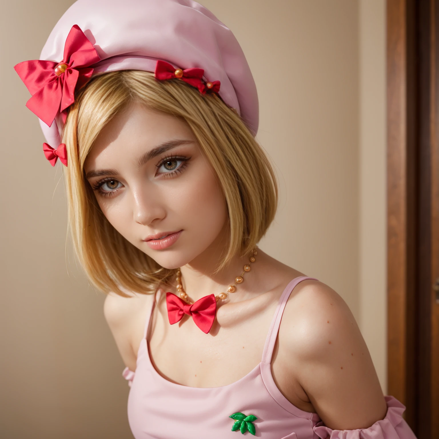 (1 lady), The beautiful, (Best quality at best:1.4), (ultra - detailed), (extremely detailed CG unified 16k), gold blonde hair, very detailed, High-definition RAW color photo, professional photoshooting, amazing face and eyes, cosmetics, (amazingly beautiful girl), ((lambdadelta, tall woman, taller)), ((dress, red bow, pink hat, necklace, gloves, pearl, pink dress, pumpkin brooch)), standing, realistic cinematic face, photo portrait, upper body (shoulders to head), photorealistic, ((realistic natural blonde hair style, red eyes)), gorgeous, extremely beautiful face, perfect model beauty, pout mouth, flirting smile, cleavages, city girl, western, (masterpiece), best quality, high resolution, extremely detailed, blurred background, depth of field, cinematic lighting, clear and well-cared skin, medium sized breast