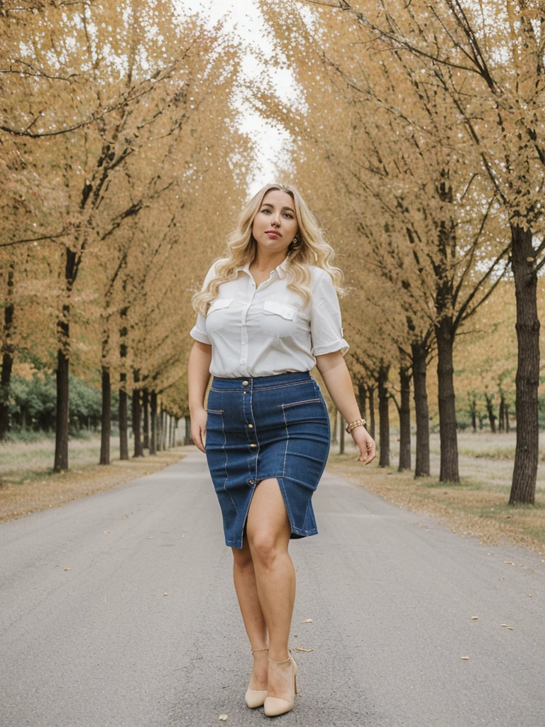 Xyrele, 1girl, solo, 30 years old, (((French face))), (((French nose))), (((French lips))), ((((chubby)))), (((wide hips))), (((blonde hair))), ((crinkly medium hair)), long hair, wearing stylish palette trend modern wear and skirt, ((Background: Canadian Prairies - Canada)), ((upper body and upper legs))