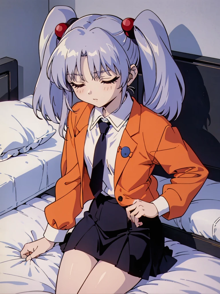 NFSW, (Masterpiece, Top Quality), 1 girl, RH, アニメ, 13-year-old, bedroom with lights out, lying on bed, from above, high definition, Japan, Eyes closed, sleeping, (silver hair), twin tails, medium hair, red hair bobbles, hair ornament, long sleeves, white shirt, necktie, collared shirt, orange jacket, black skirt, 1990s anime style,  Small breasts