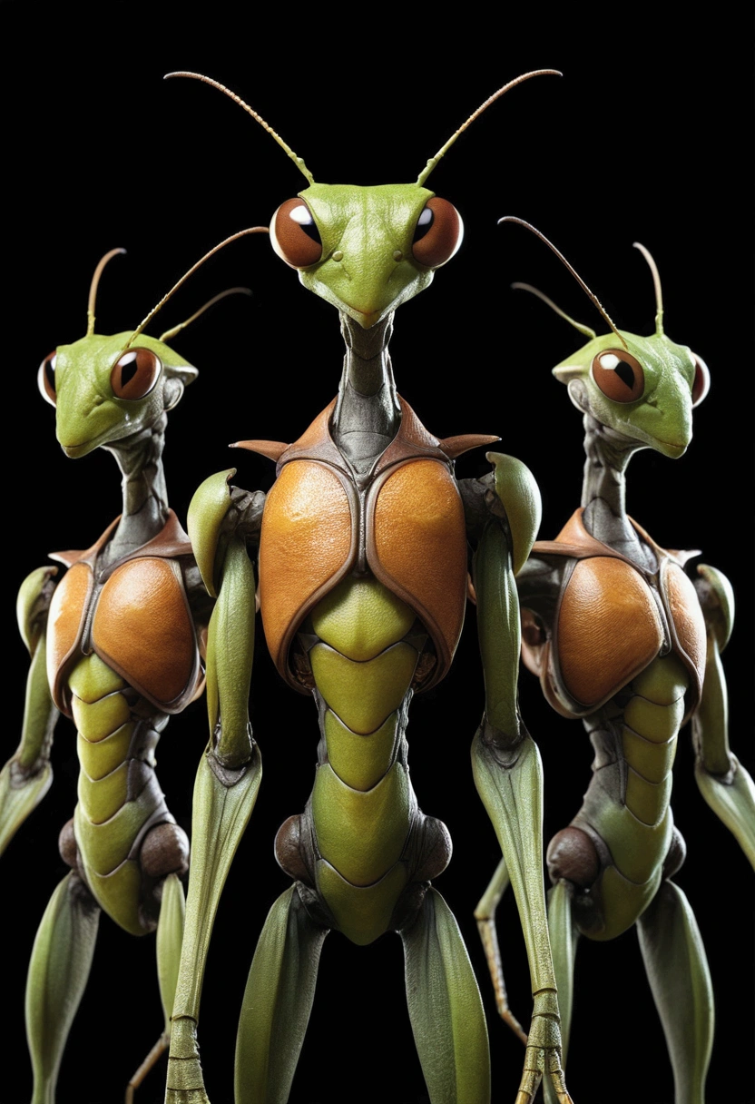 Three anthropomorphic mantises standing tall, arms crossed, looking down imperiously, intimidating group pose, human-like stances, insect features, powerful forearms, stern expressions, dominant aura, low-angle view, detailed compound eyes, slight variations in size and coloration, hierarchical positioning, dramatic lighting, high-contrast shadows, photorealistic render