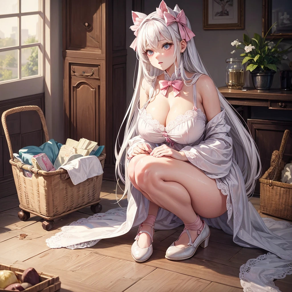 masterpiece, best quality, Very detailed, illustration, Beautiful and delicate eyes, close up, A girl. White hair, Pink bow, White pajamas. Crouching on the floor, searching through the clothes basket,Huge Breasts