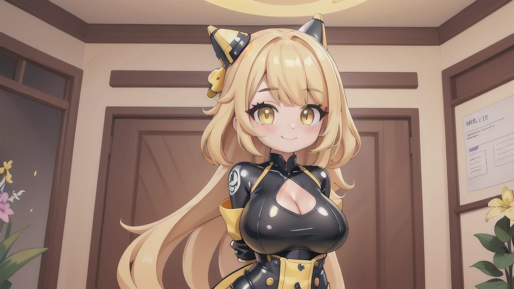 pokemoncynthia, blonde hair, hair ornament, hair over one eye, long hair, (yellow eyes:1.5), (sensitive smile:1.2), (full tight latex bodysuit),looking at viewer, (Upper body:1.1),(Look at the front:1.1), indoor hall,((masterpiece)),((best quality)), high resolution,8k UHD,(beautiful detailed eyes:1.5), extremely detailed face,ultra detailed,perfect anatomy,arms behind back,((solo)),((1 girl)),(large breasts:1.5),perfect image,slim waist,