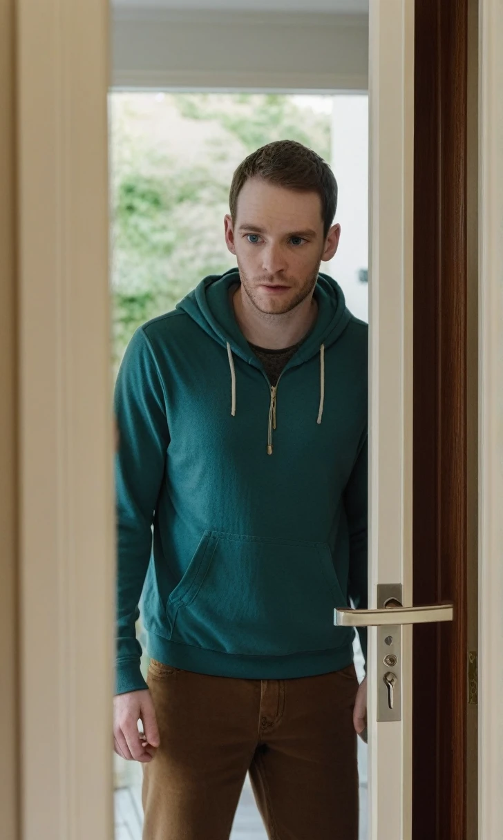 A man with a pale face opening the door to reveal his ex and another woman standing in his doorway.