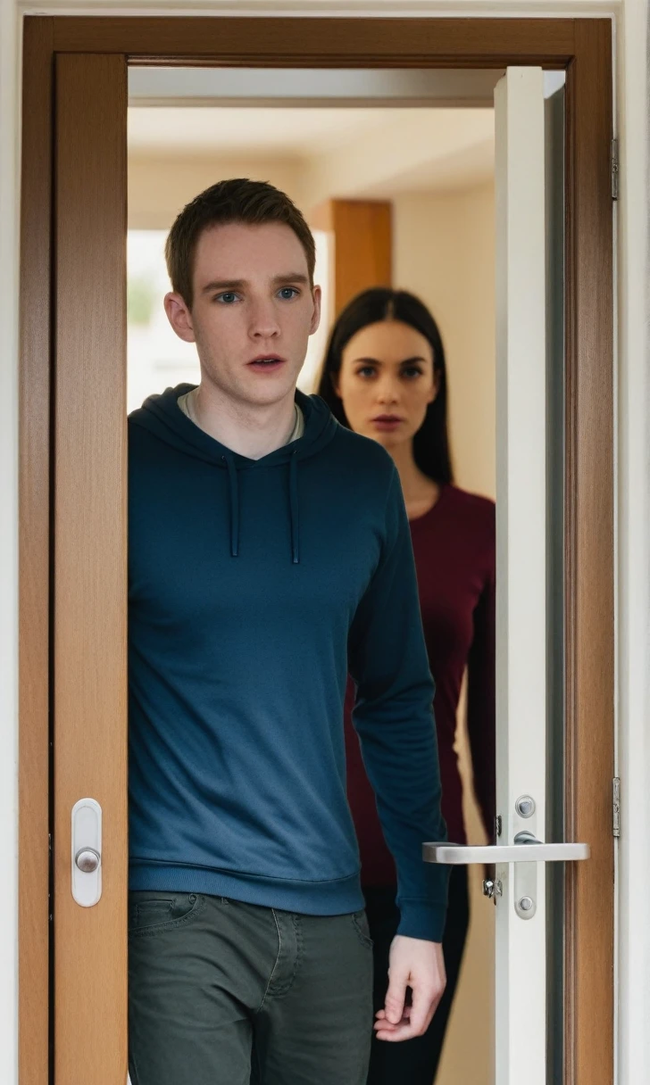 A man with a pale face opening the door to reveal his ex and another woman standing in his doorway.