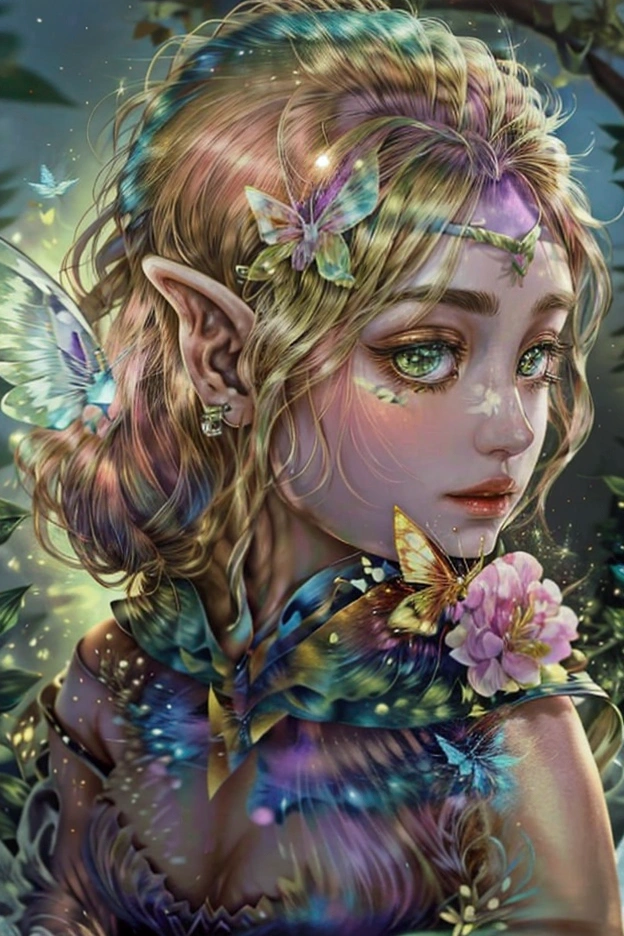 best quality，masterpiece，16k，1girl,Butterflies on the Head,Butterfly on shoulder, antennae,Butterfly in hand, blonde hair, blue butterfly, blue flower, blue wings, blurry, blurry background, blurry foreground, butterfly, butterfly hair ornament, butterfly on hand, butterfly wings, daisy, depth of field, earrings, fairy, fairy wings, flock, flower, flying, garden, glowing, glowing butterfly, glowing wings, hair ornament, ice wings, insect wings, lily \(flower\), lotus, motion blur, multicolored wings, nose, on head, on shoulder, pink flower, pink wings, pointy ears, purple flower, short hair, solo, stud earrings, upper body, vaporeon, white butterfly, white flower, wings, yellow butterfly, yellow flower, yellow wings,Dawn Elf,dawn,glow,Glowing wings,Dress,Multiple butterflies,Glowing Butterfly