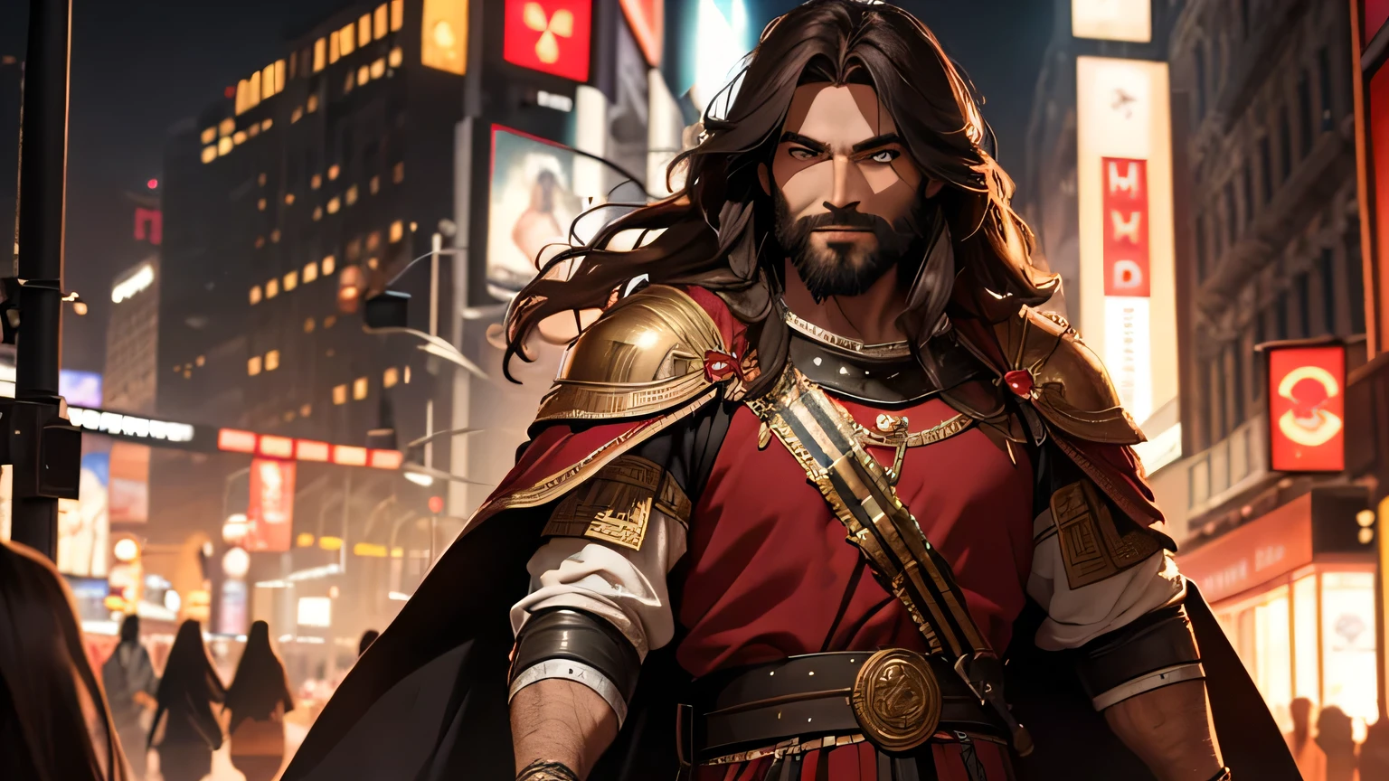 At night, highly detailed photorealistic portrait of Jesus with red cape, black beard, light brown eyes, smiling, dressed in ancient Roman warrior clothing from the 4th century BC. C., standing, in New York City spectacular lighting, cinema, digital art. hyperrealistic, 8k