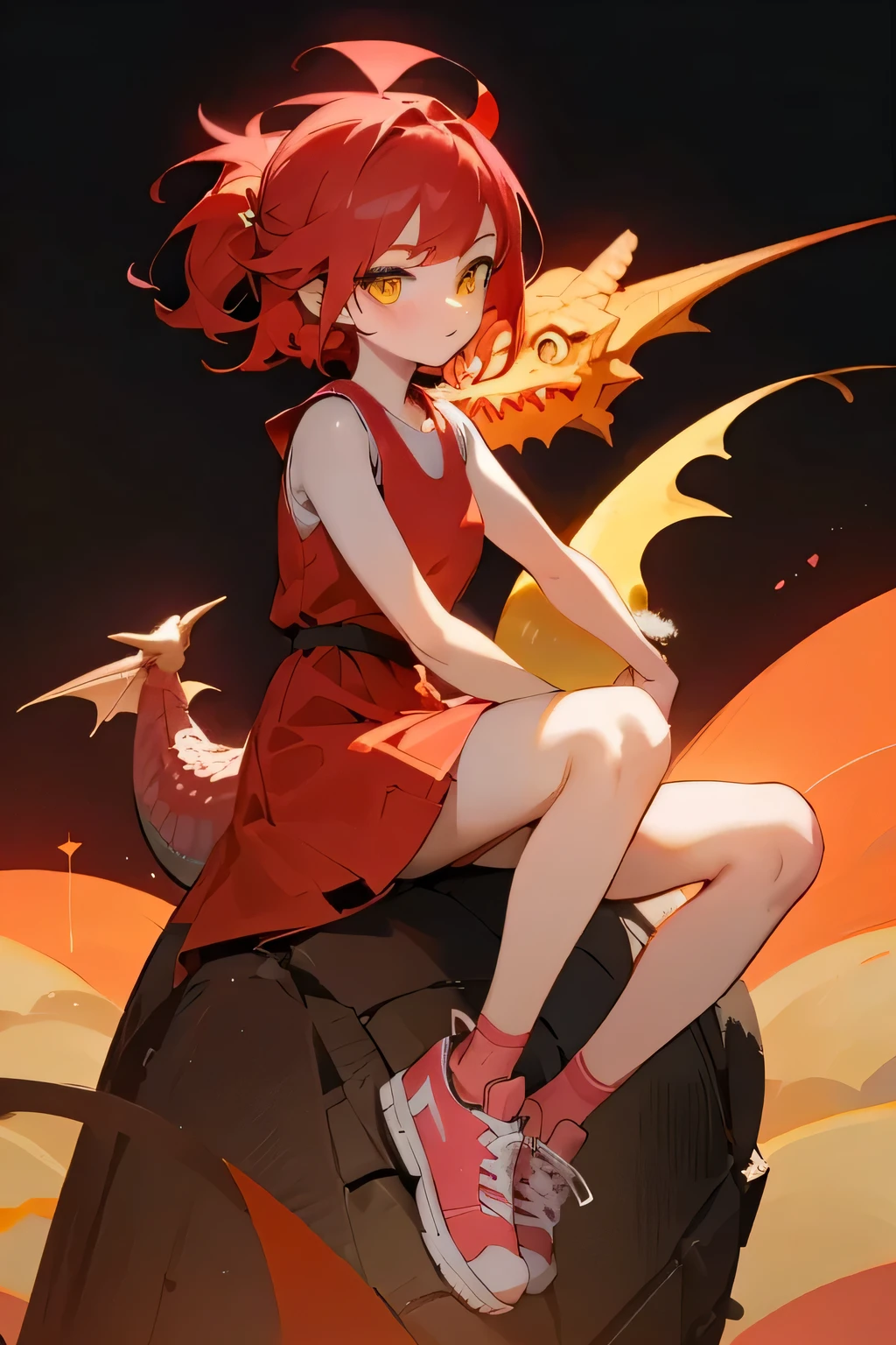  cute with red hair, yellow  eyes, skin fair, light red dress and pink sneakers, sitting on a volcano.