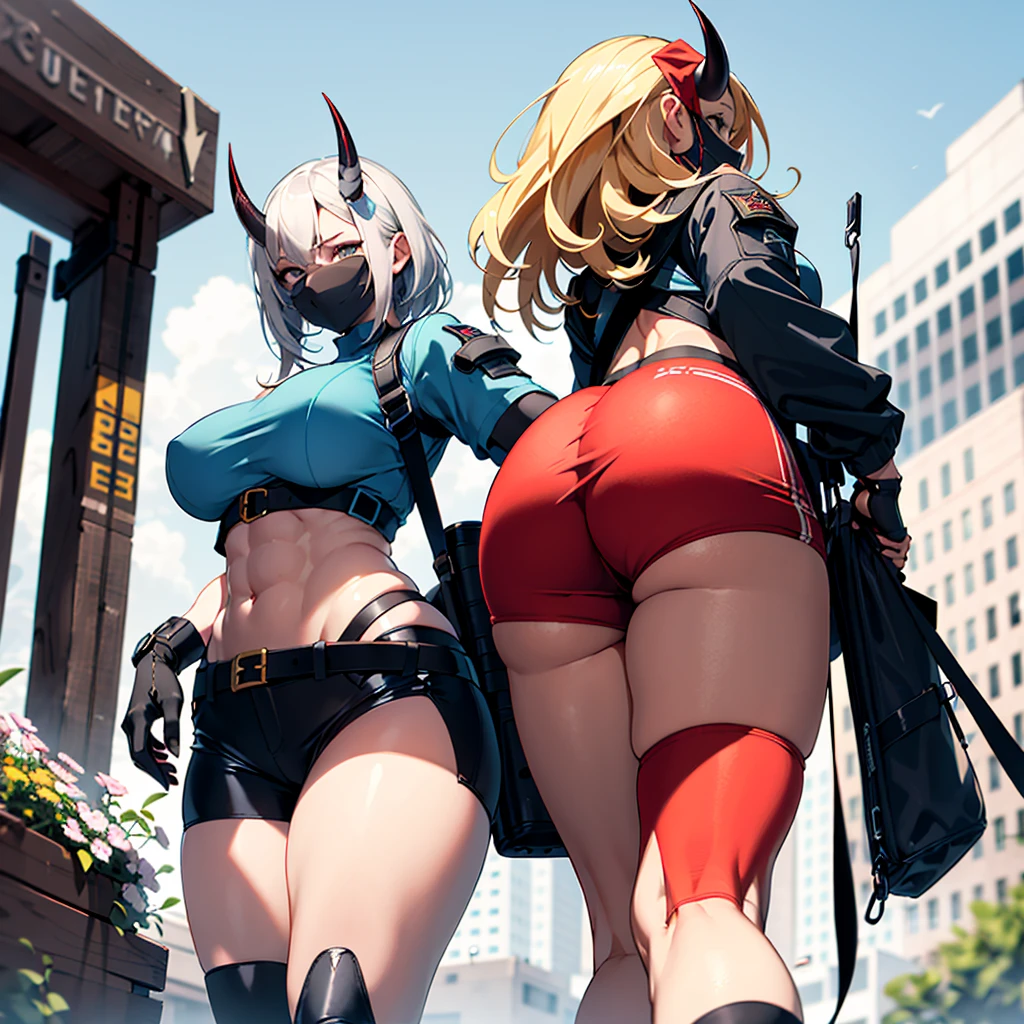 ((best quality)), ((masterpiece)), (detailed), 1girl, 8k_wallpaper, extremely detailed eyes, extremely detailed body, beautiful face, perfect face, detailed ((blonde hair)), (gold eyes), (( big blue horns)), {{dark skin}}, ({dark skinned female}), gigantic breasts, thick thighs, strong arm and leg muscles, strong abdominal muscles, Korean girl, dressed in a blue polto with rolled up sleeves, in heavy steel armor of silver color, on a wide red leather belt with gold yarn, hanging a military radio, leather tight shorts, leather gloves with radars and watches, a holster with a pistol hanging on her hip, a large hiking backpack, standing next to a red sci-fi SUV against the backdrop of flowers growing in the grass and a destroyed city,