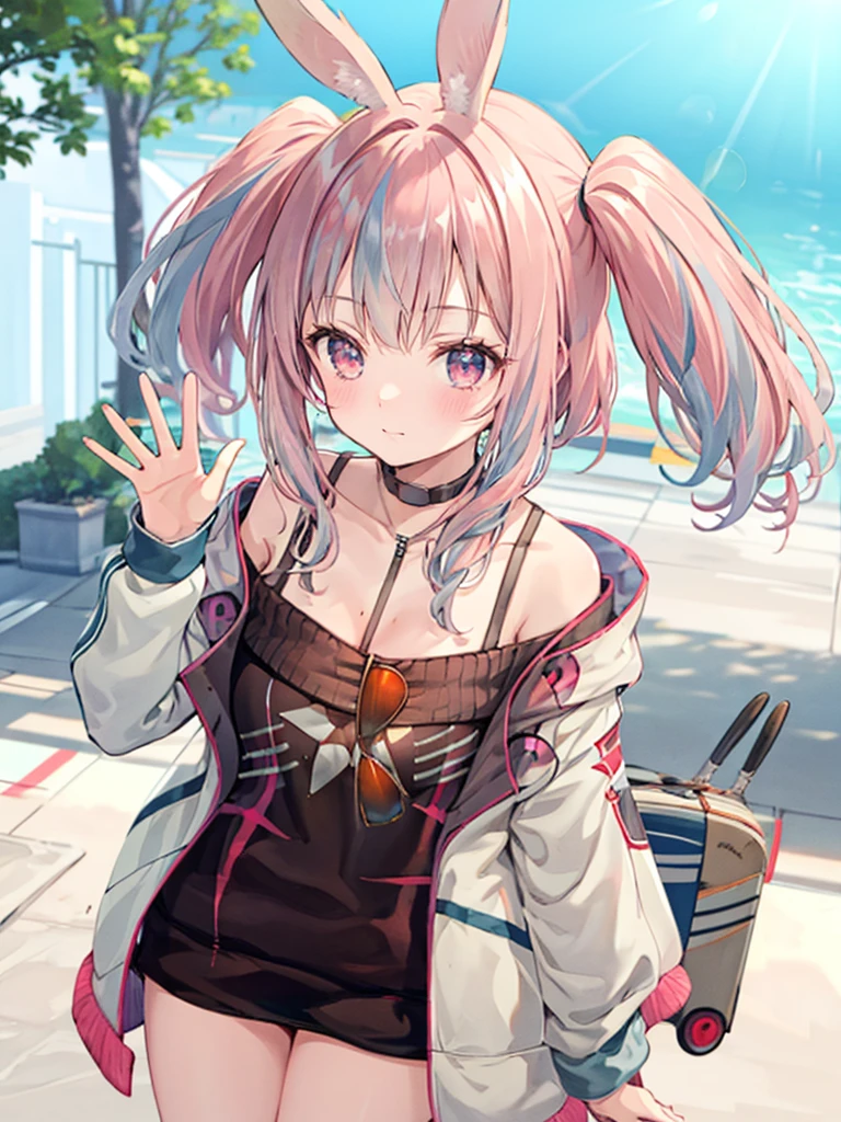 silver hair, hair behind ear, hair two side up, rabbit ears, shy, ray tracing, masterpiece, accurate, textured skin, high quality, high details, best quality, super detail, Japanese high school girl, casual clothes, holiday walk, waving, Heart symbols, from above