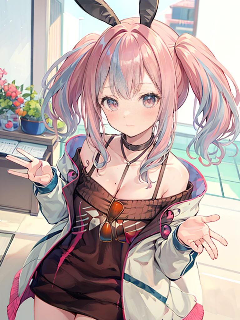 silver hair, hair behind ear, hair two side up, rabbit ears, shy, ray tracing, masterpiece, accurate, textured skin, high quality, high details, best quality, super detail, Japanese high school girl, casual clothes, holiday walk, waving, Heart symbols, from above