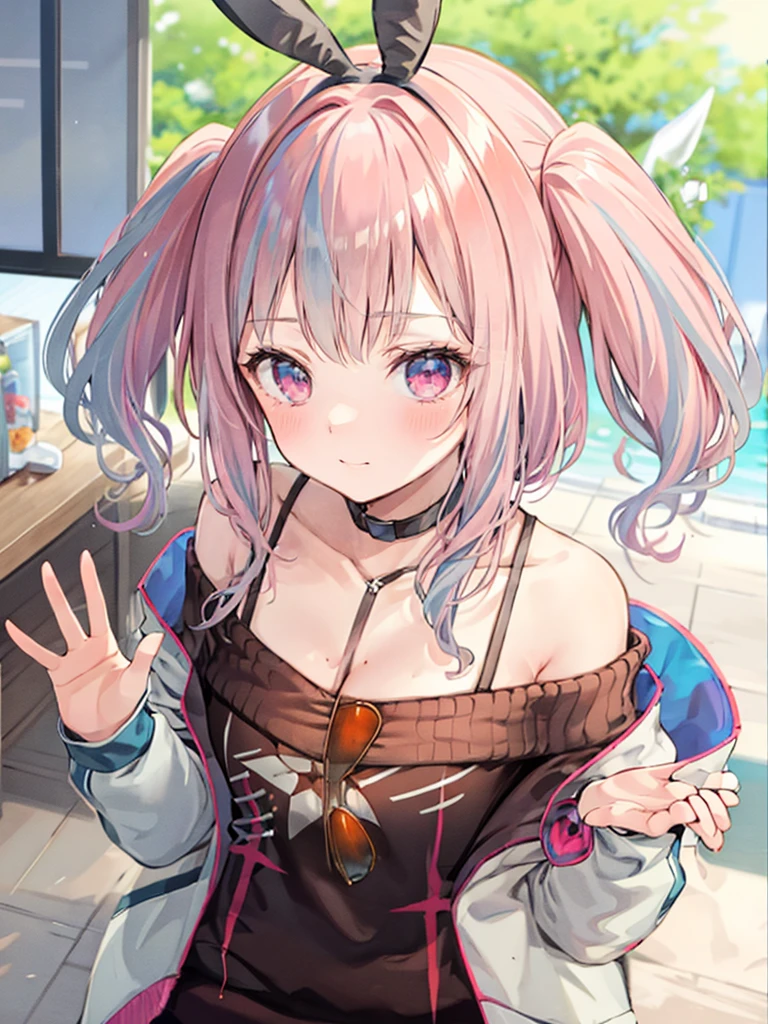 silver hair, hair behind ear, hair two side up, rabbit ears, shy, ray tracing, masterpiece, accurate, textured skin, high quality, high details, best quality, super detail, Japanese high school girl, casual clothes, holiday walk, waving, Heart symbols, from above