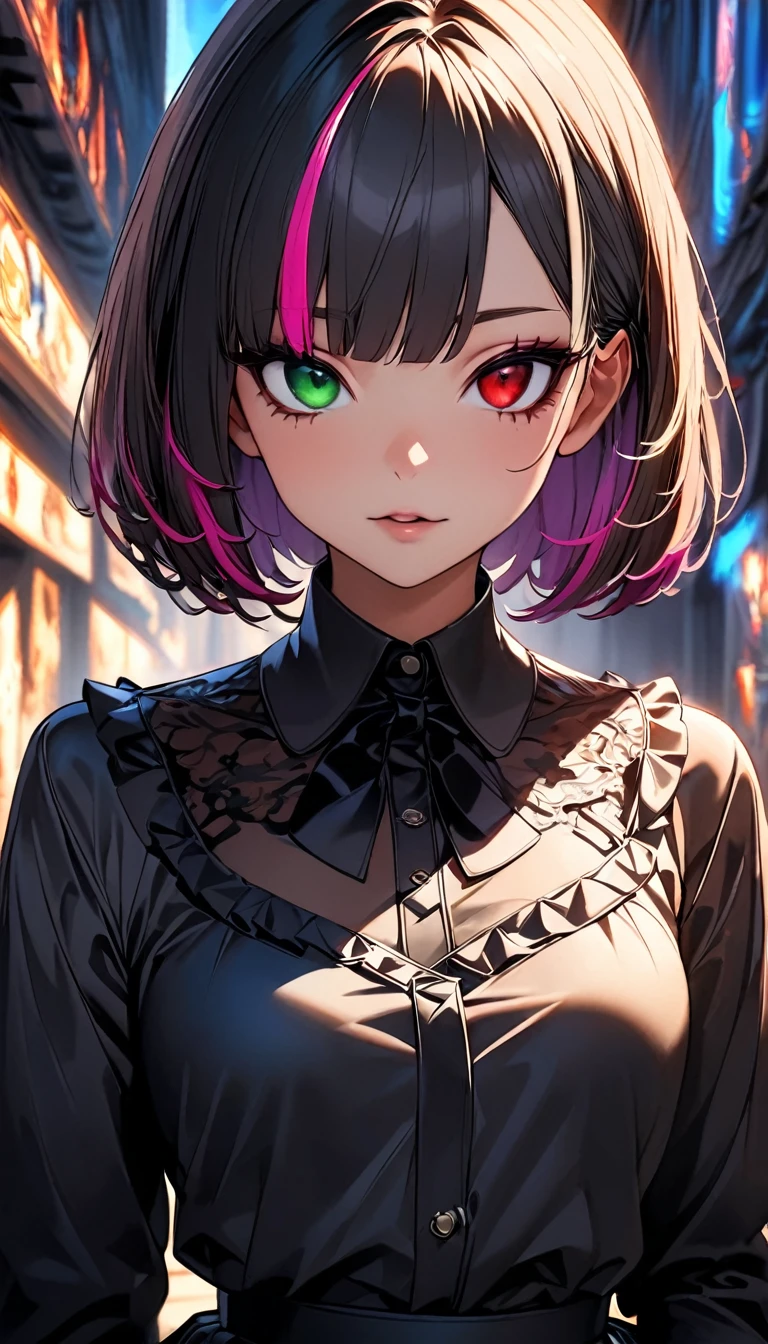 (highest quality:1.2, Very detailed, up to date, Vibrant, Ultra-high resolution, High Contrast, masterpiece:1.2, highest quality, Best aesthetics), Portraiture、girl、solo, (25-years-old:1), slim, , heterrochromia, green eye, red eye, ((gothic lolita:1.3)), intricate black lace dress,r uffles,bows, high collar, (in charch), Stained glass, Bright colors、Beautiful fine details、Beautiful lip detail、extra short hair, ((bob cut:1.5))、pink and purple, ((streaked hair:1.9)), (highlights hair: 1.6), (small breast:1.3), (tan skin:0.7), cowboy shot:1,