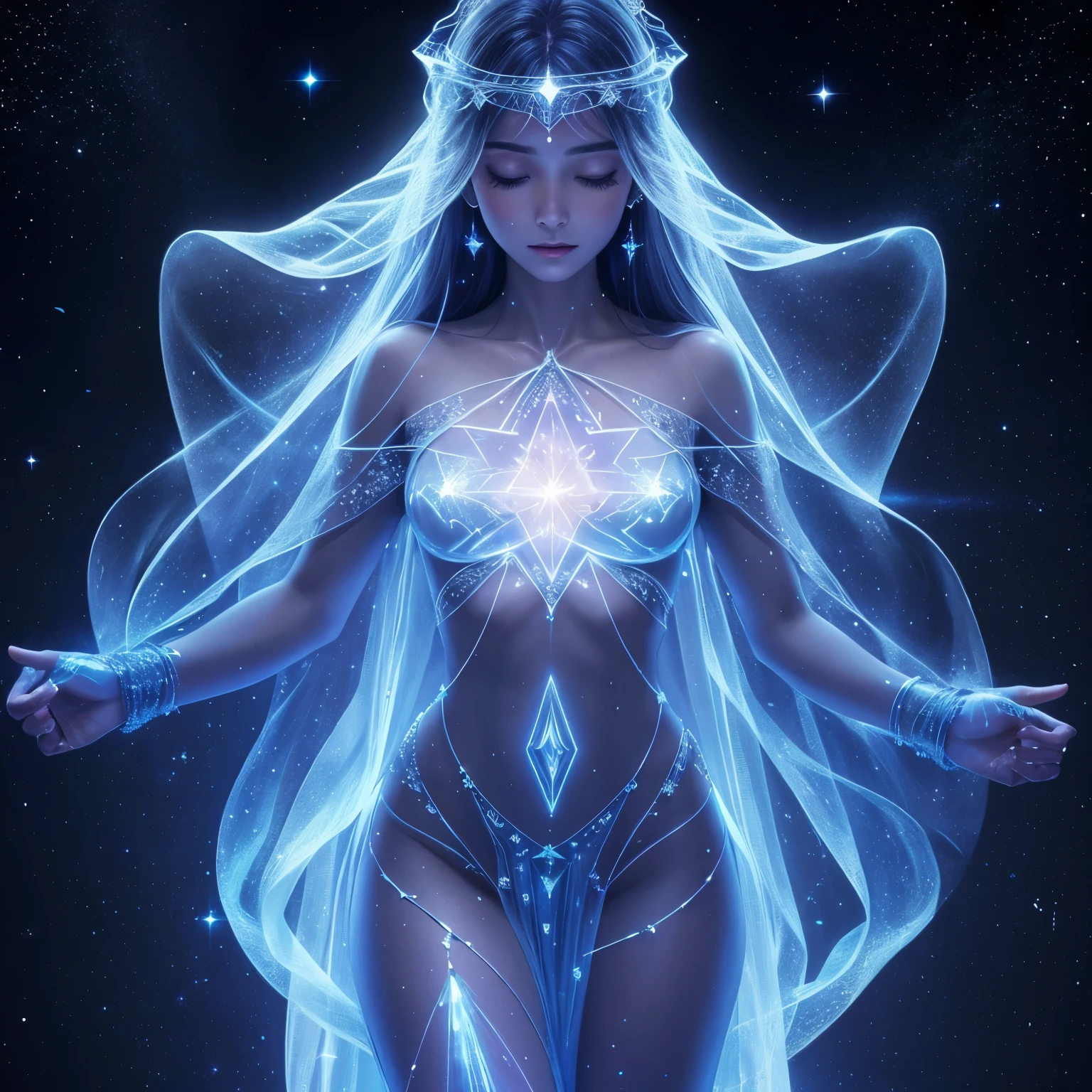 an astral Woman woven of transparent starlight, her skin is star light, transparent body of star light.