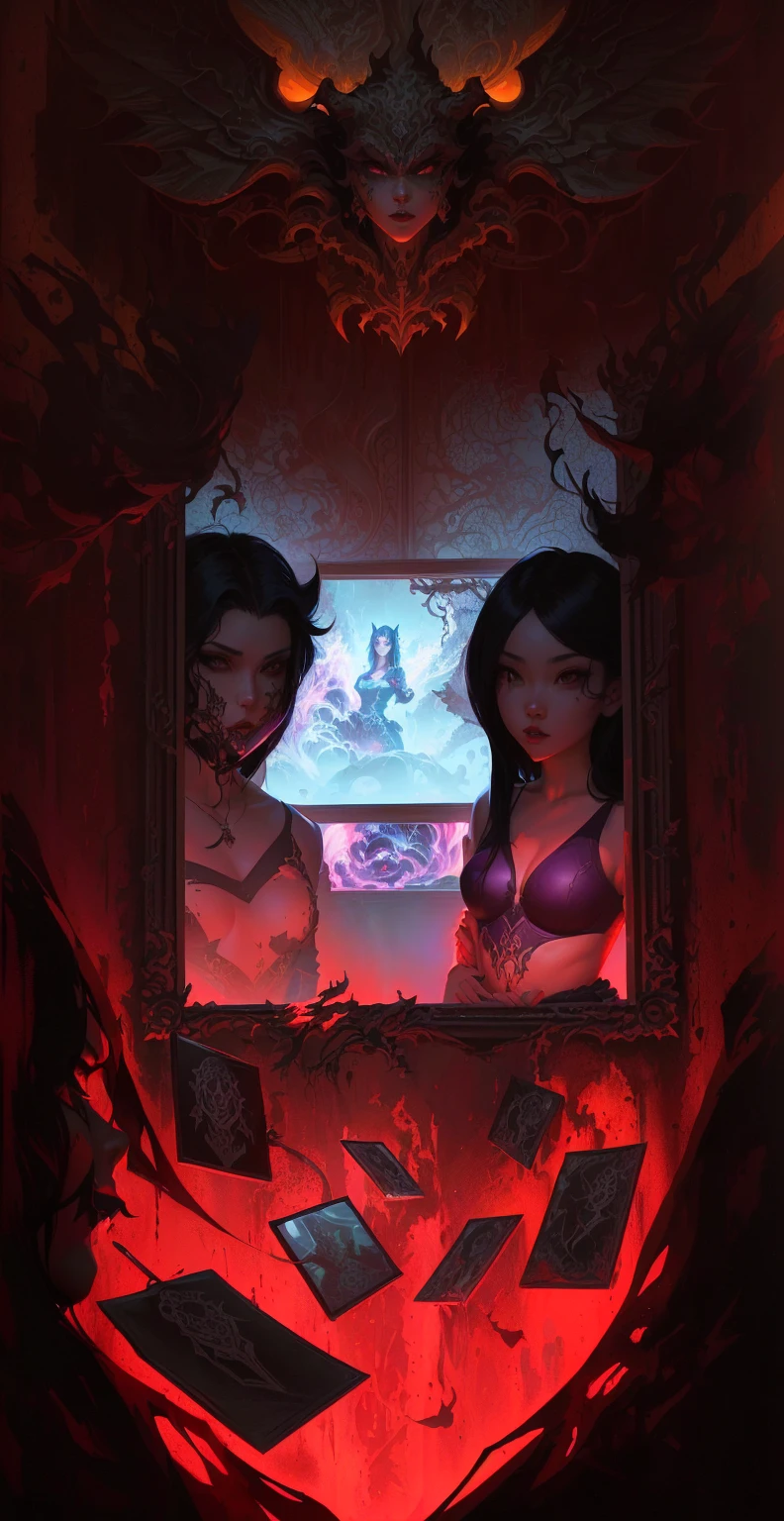There is a mirror,There is a picture of a girl and a demon in it, Stylized urban fantasy artwork, art cover illustration, Detailed game art, Rob Reay and Kentaro Miura, Fertility illustration, Rob Reay and Kentaro Miura style, Digital fantasy illustration, Official Fanart, Inspired by Tim and Greg Hildebrandt, unearthly art style