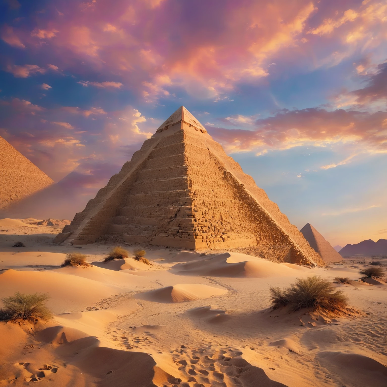 Arafed pyramid in the desert with a pink sky and some sand footprints., pyramids in the desert, desert photography, pyramid ruins at sunset, desert harmony, sand desert fantasy, built in the Egyptian desert, Egypt, Egyptian landscape, Marcos Adams, Stargate standing in the desert, pyramids of Egypt, mystical environment, by Etienne Delessert