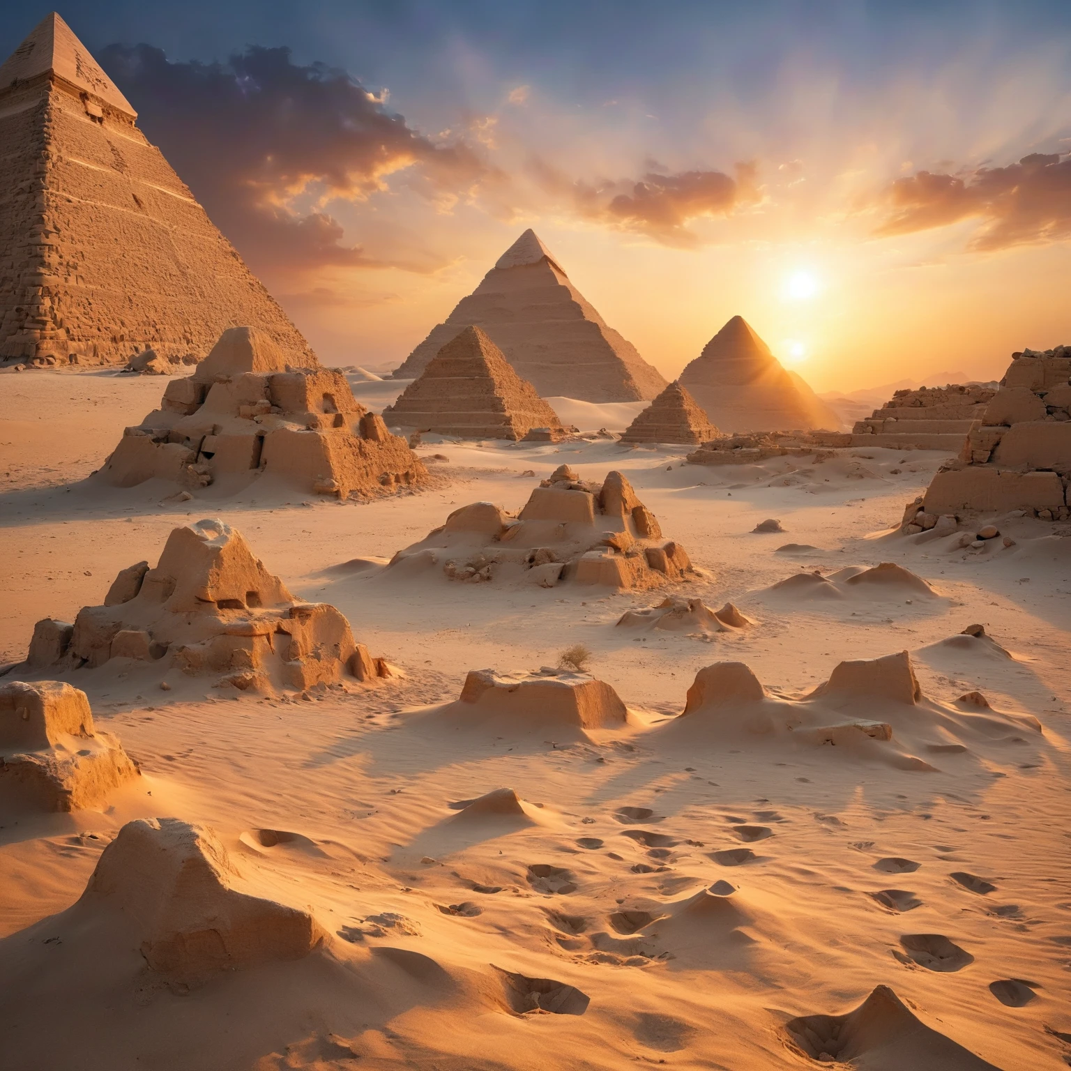 Arafed pyramid in the desert with a pink sky and some sand footprints., pyramids in the desert, desert photography, pyramid ruins at sunset, desert harmony, sand desert fantasy, built in the Egyptian desert, Egypt, Egyptian landscape, Marcos Adams, Stargate standing in the desert, pyramids of Egypt, mystical environment, by Etienne Delessert