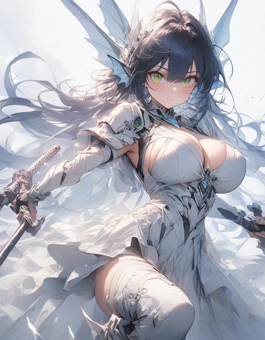 ,snap shot,red katana,fighting stance,(holding huge katana:1.3),samurai armor,,,{{{Huge breasts}}},,,,,,long skirt, brooches,Blue brooch,,(dark Blue hair:1.25),gradient_hair,( Green eyes:1.25),hair_ornament detached ,,Very Long Ponytail, poneyTail,, (head fins:1.25),、,iaidow,weapon, katana, holding sword, ready to draw, sheathed, unsheathing, scabbard,(Masterpiece, best quality), ultra-detailed, full-bodied cyber punk magical girl, hold on high tech energy KATANA,,cyber outfit, cyber hi-tech boots, high resolution, digital painting, 8k high resolution, trending art station, white background, whole body.

