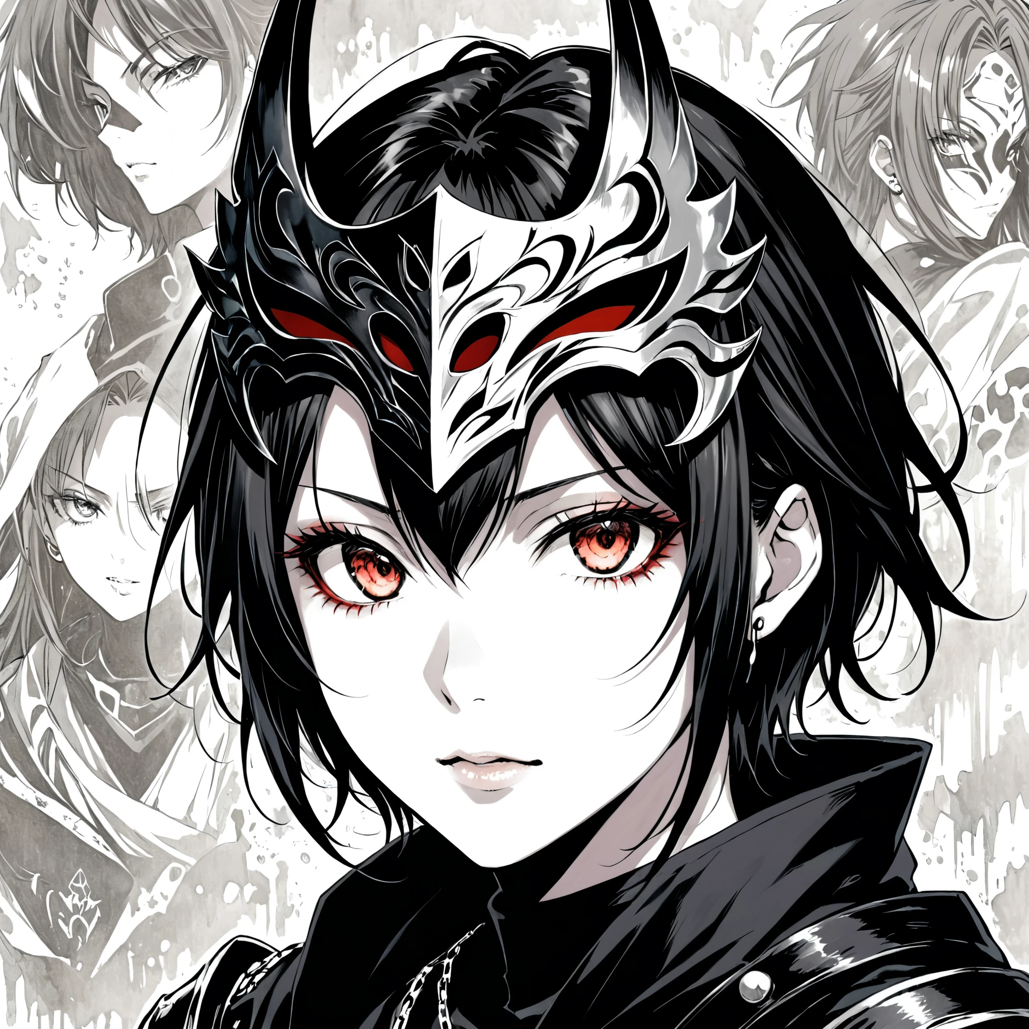 (in style of Takeshi Obata),1girl,Girl Portrait,The girl and the ghost warrior mask are presented separately on the canvas