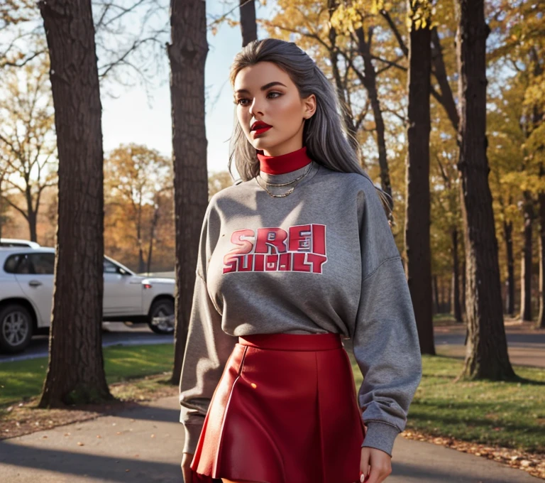 Ultra high quality,8 K,Girl with giant breasts,Sexy and feminine, tall and cold,Dark Beauty,charming,The head proportions are perfect.,gray hair,Wear a sweatshirt with a monogram print., Short red skirt with high waist,Flaming red lips,swan neck,Chokers,The sun is shining brightly