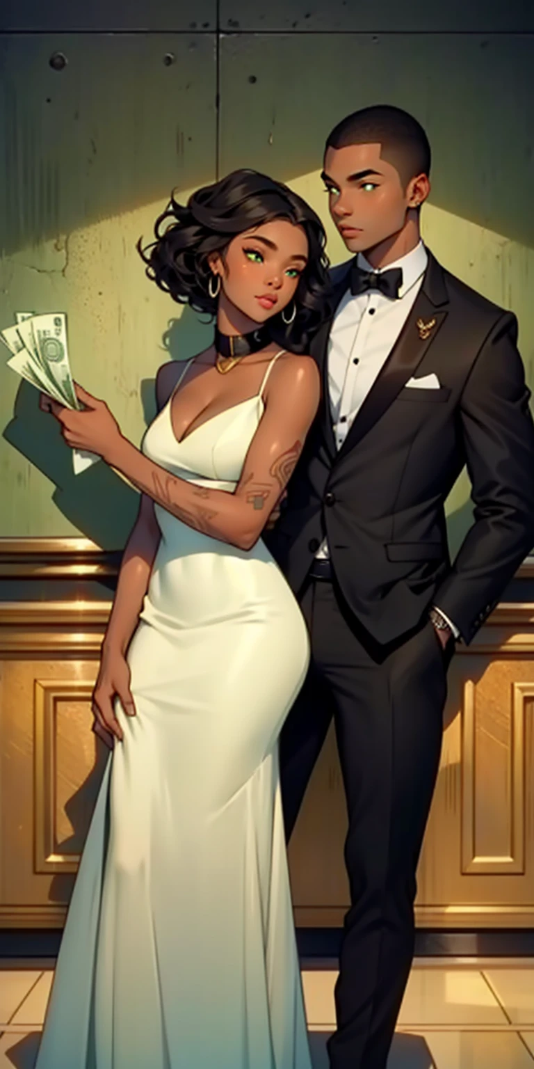 a 25 year old man and a 19 year old woman, African American couple standing in front of a wall of 100 dollar bills (money), She is a beautiful Caribbean woman with shoulder length curly black hair., tan skin color, light green eyes, Perfect shape, formal dress  