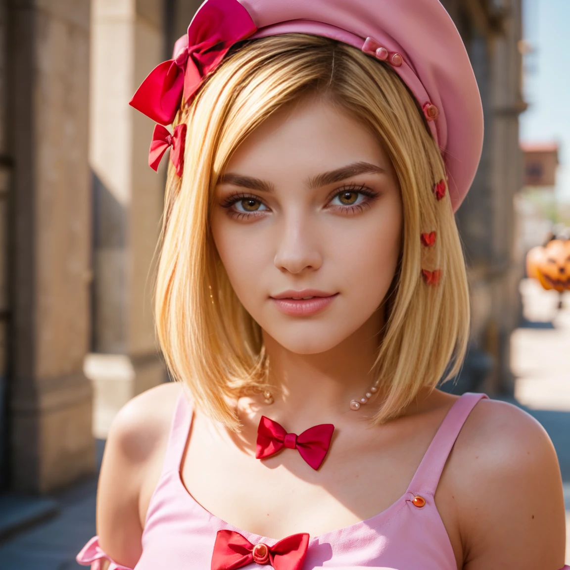 (1 lady), The beautiful, (Best quality at best:1.4), (ultra - detailed), (extremely detailed CG unified 16k), gold blonde hair, very detailed, High-definition RAW color photo, professional photoshooting, amazing face and eyes, cosmetics, (amazingly beautiful girl), ((lambdadelta, tall woman, taller)), ((dress, red bow, pink hat, necklace, gloves, pearl, pink dress, pumpkin brooch)), standing, realistic cinematic face, photo portrait, upper body (shoulders to head), photorealistic, ((realistic natural blonde hair style, red eyes)), gorgeous, extremely beautiful face, perfect model beauty, pout mouth, flirting smile, cleavages, city girl, western, (masterpiece), best quality, high resolution, extremely detailed, blurred background, depth of field, cinematic lighting, clear and well-cared skin, medium sized breast