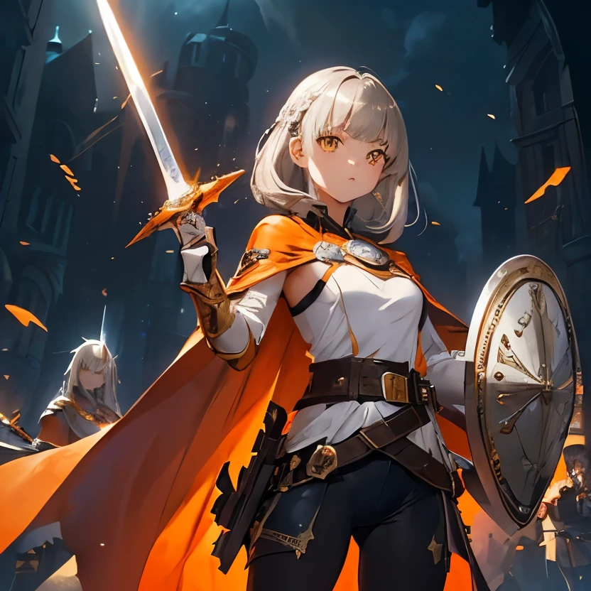 (Fantasy Illustration:1.5), (Front facing、Golden Eyes、Brown Hair、whole body、Shield in left hand、Right hand raised、One person:1.5), (anime,8k,masterpiece, Highest quality, Highest quality,beautifully,Dramatic,aesthetic:1.2,Professional illustrations:1.1,Super detailed:1.3,Perfect lighting), Very detailed, Most detailed, High resolution, Super detaileded, Complex:1.6, (girl), Very beautiful face and sharp eyes, Beautiful Hair, Blunt bangs, (Silver Hair:1.3), ( Orange Cape、White innerwear、Sword on belt:1.4), Guess the skin, (Abstract:1.2), cute, (Small stature,Large Breasts)