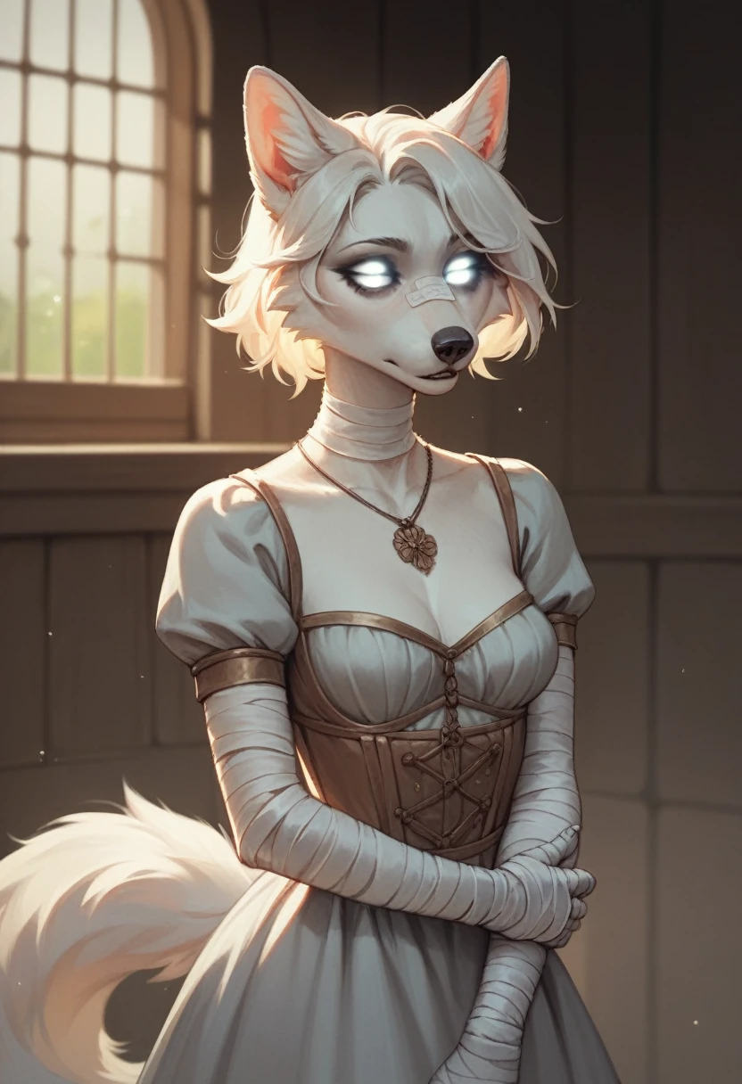 Anthro, beautiful, (feminine:1.15), wolf-woman, docile, white fur, short hair, white wolf ears, long snout, bandaged arms, (bandaged eyes:1.3), plain medieval gray dress, breast fur, medium breasts