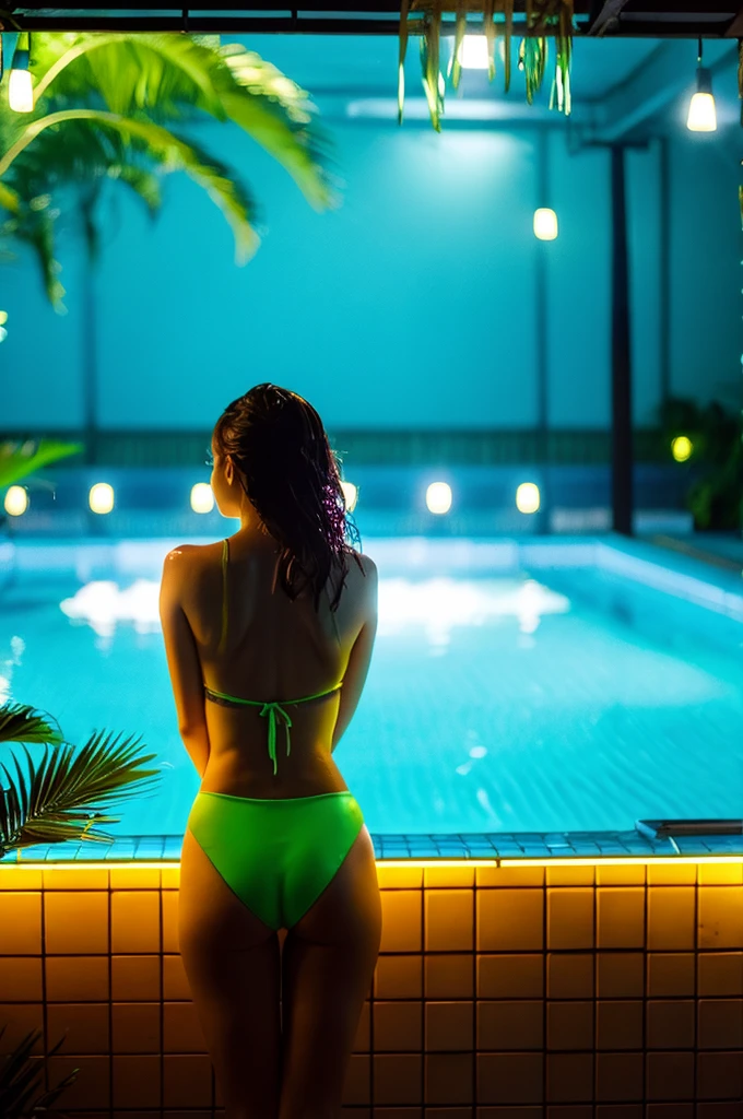 (maximum quality、Masterpiece artwork:1.2)、(Photorealistic:1.2)、Woman 26 years old、Fluorescent swimming pool、hair wet、professional writing、rear lighting、tropical background