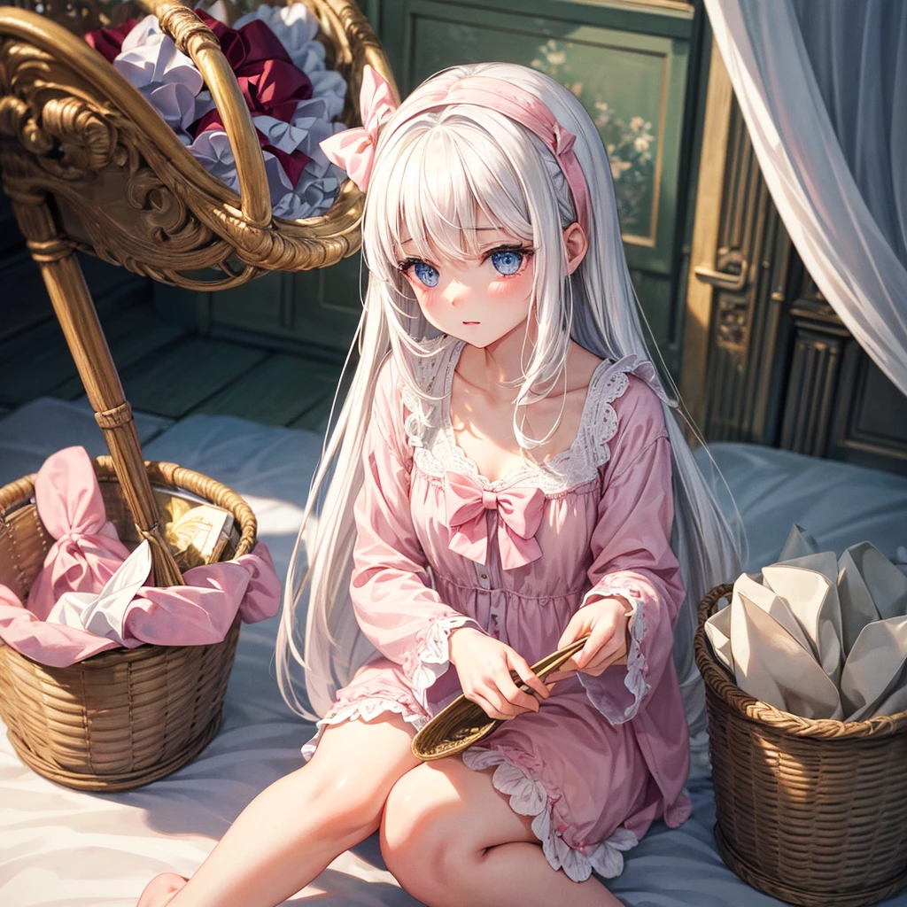 masterpiece, best quality, Very detailed, illustration, Beautiful and delicate eyes, close up, A girl. White hair, Pink bow, White pajamas. Crouching on the floor, searching through the clothes basket