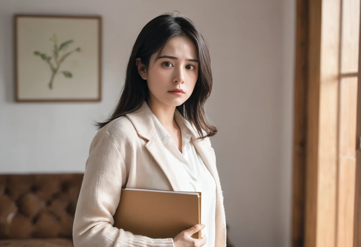 A woman holding a folder in a warm house with no expression or sadness on her face