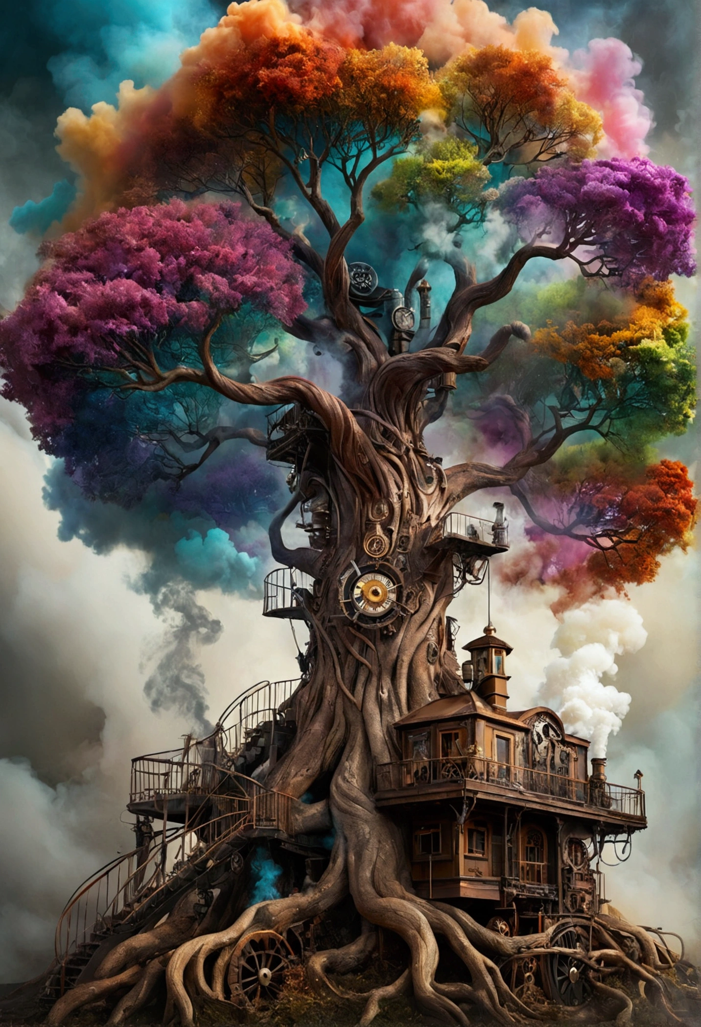 dreamlikeart tree of live, colorful smoke, insane details, steampunk details, intricate details, hyperdetailed,