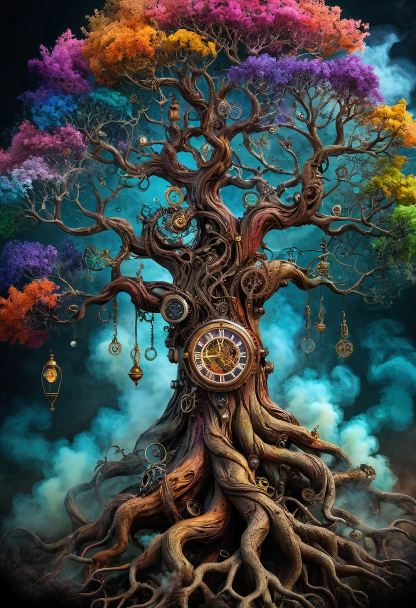 dreamlikeart tree of live, colorful smoke, insane details, steampunk details, intricate details, hyperdetailed,