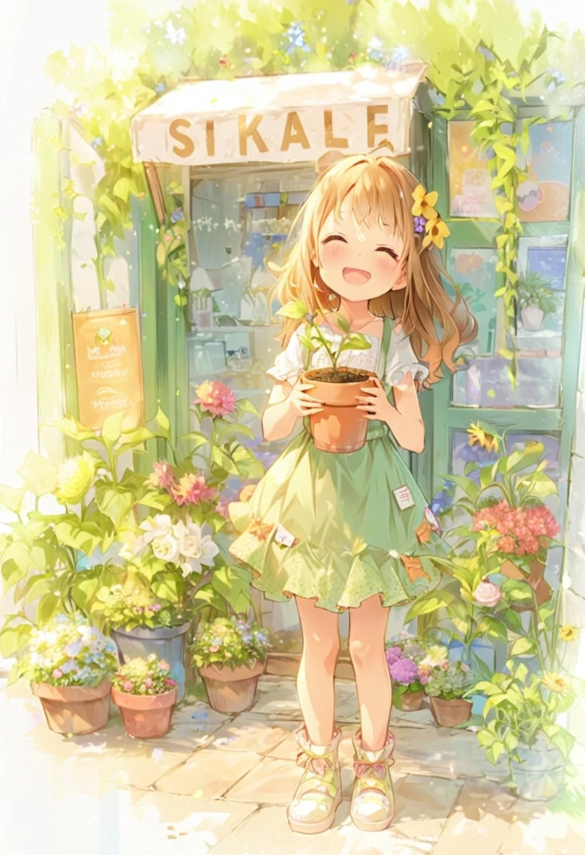 Anime girl holding a potted plant in front of a store, pretty girlのアニメビジュアル, Cute Anime Girl, by Shimo, Cute art style, Beautiful sunflower anime girl, pretty girl, , Cute and detailed digital art, Beautiful anime art, Beautiful anime artwork, by Ai-Mitsu, by Kamaguruka, Cute Anime Girl portraits