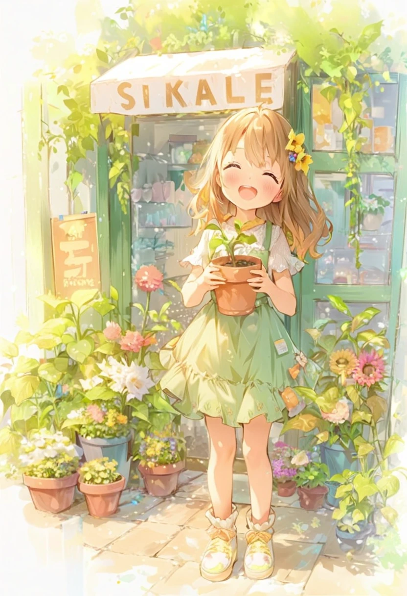 Anime girl holding a potted plant in front of a store, pretty girlのアニメビジュアル, Cute Anime Girl, by Shimo, Cute art style, Beautiful sunflower anime girl, pretty girl, , Cute and detailed digital art, Beautiful anime art, Beautiful anime artwork, by Ai-Mitsu, by Kamaguruka, Cute Anime Girl portraits