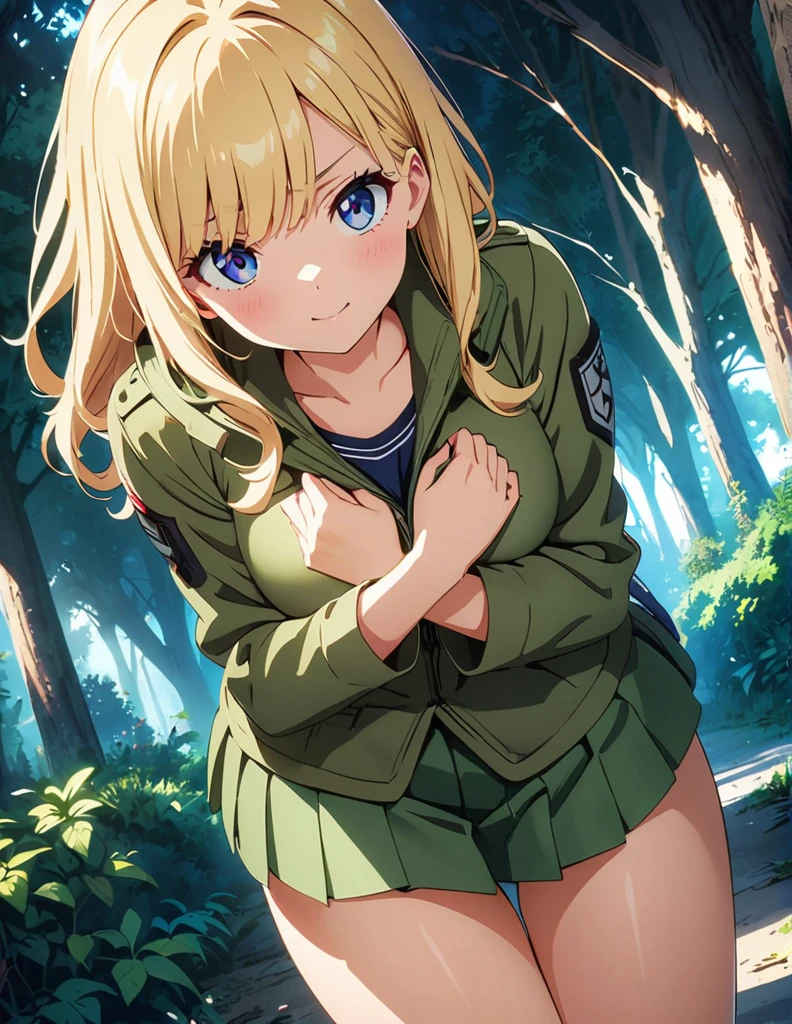 (anime artwork, anime style, studio anime, very detailed, up to date, vibrant, Anime Coloring, high contrast, masterpiece:1.2, best quality, best aesthetics),2 girl,hug from behind,army suit, pleated skirt, Medium chest, A glimpse of thighs,random hair, One eye is hidden by the bangs, perfect proportions, high detail skin, Cute, detailed faces,forest, precise fingers,panty shot ,catfight battle,power bombs